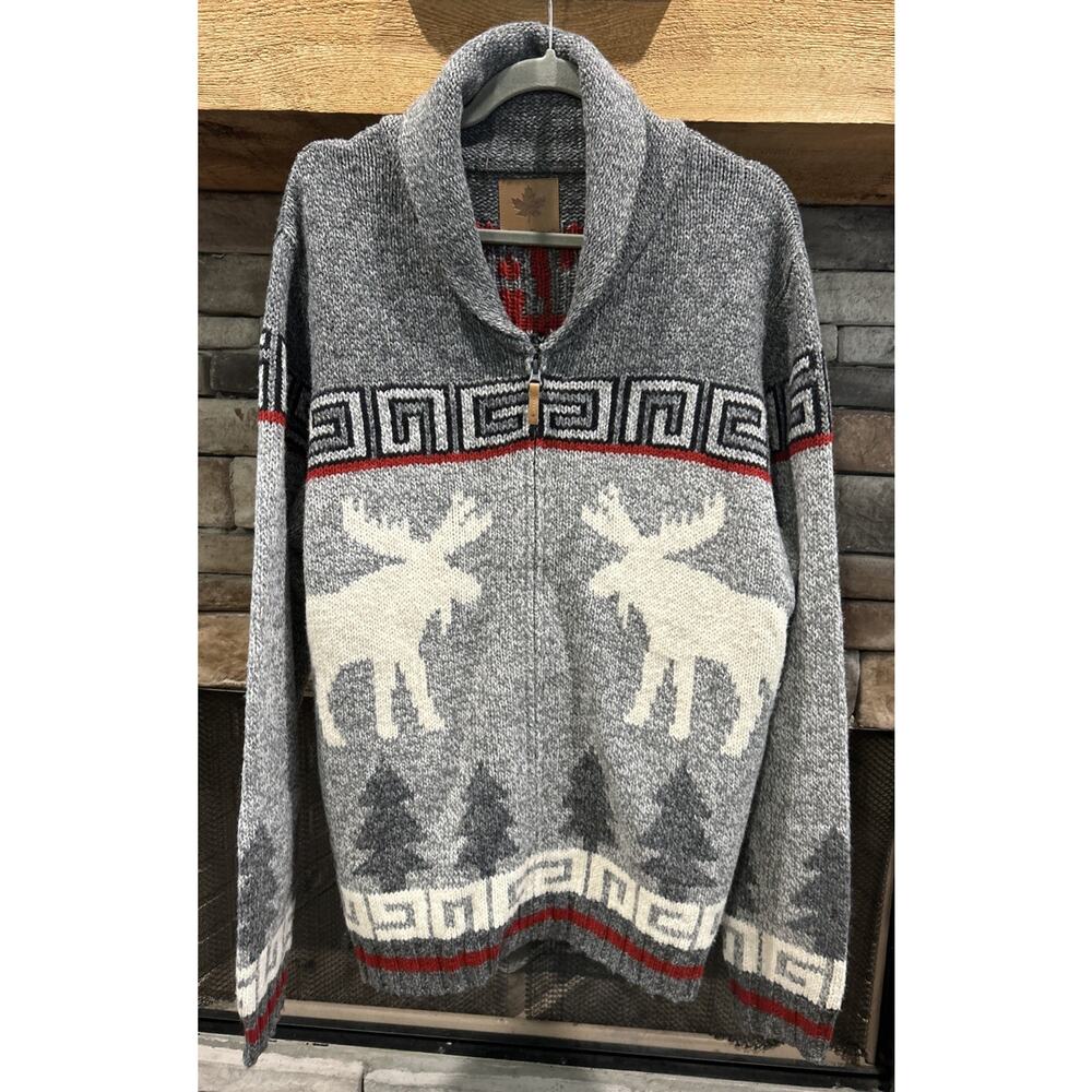 Canadiana Sweater Full Zip Gray Moose CANADA Winter Knit Canada Size L *